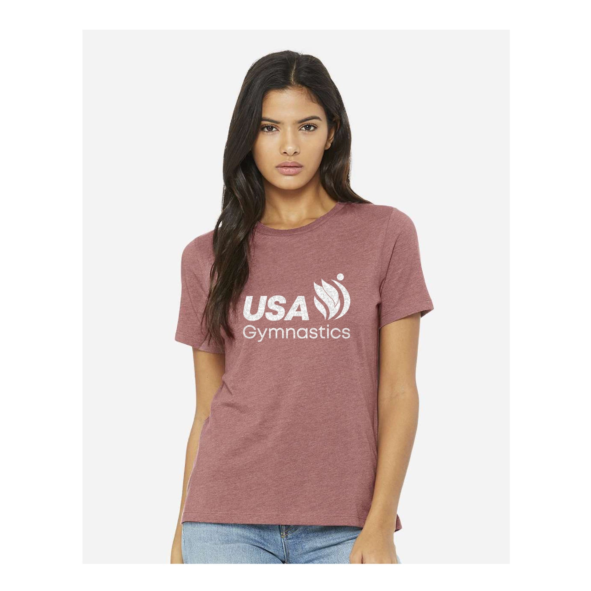 USA Gymnastics Logo - Women's Mauve Tee with Glitter Logo (3001YCVC) & (6400CVC)
